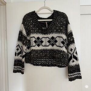 Free People Cropped Black and White Patterned Sweater